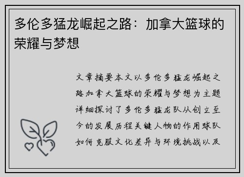 多伦多猛龙崛起之路：加拿大篮球的荣耀与梦想